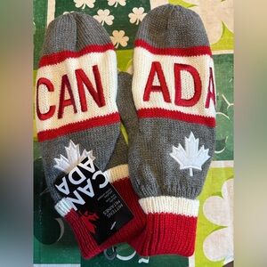 Gray and Red Mittens with Maple Leaf Design